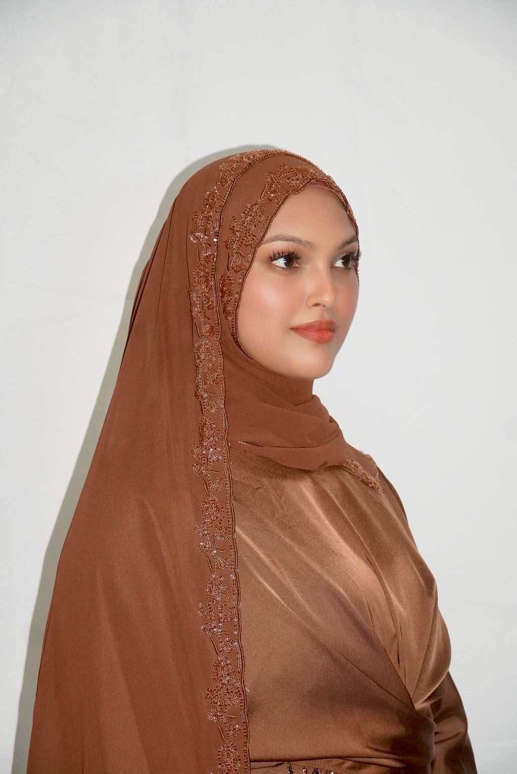 Premium Beaded Chiffon Hijabs Rich Brown