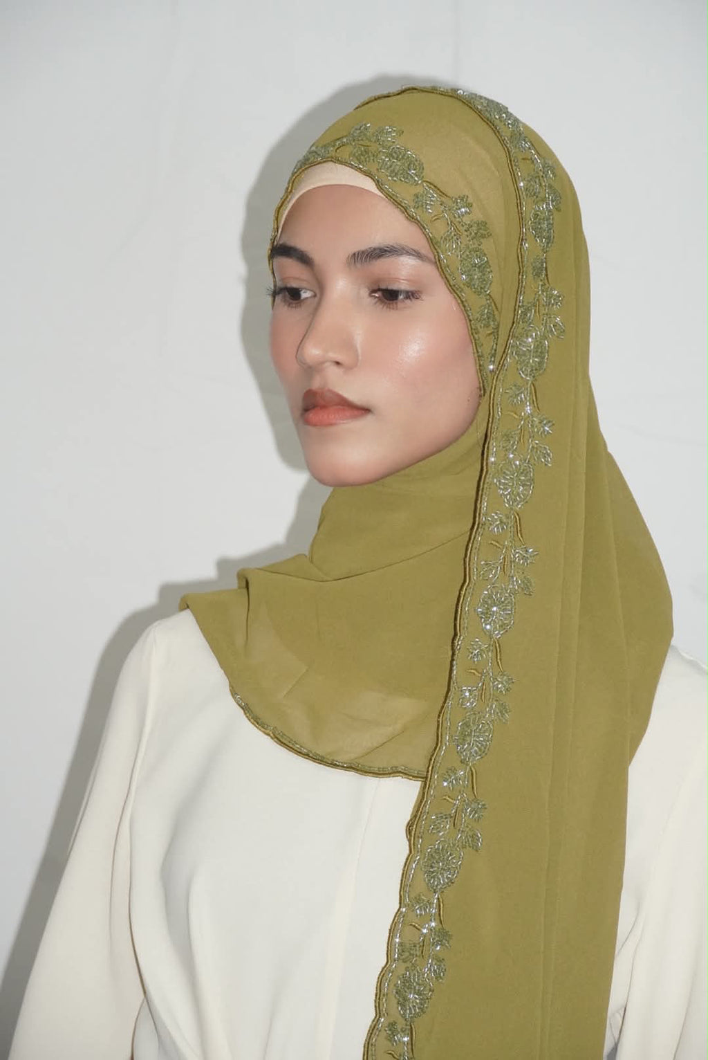 Premium Beaded Chiffon Hijabs Olive Green