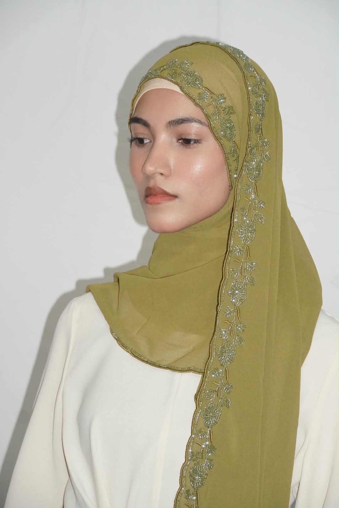 Premium Beaded Chiffon Hijabs Olive Green