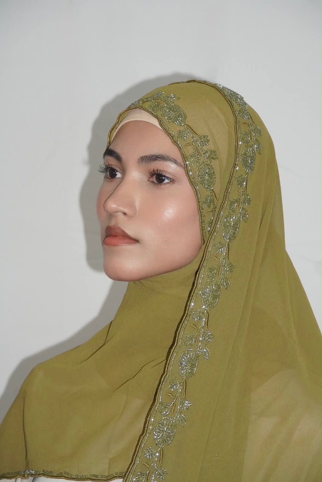 Premium Beaded Chiffon Hijabs Olive Green