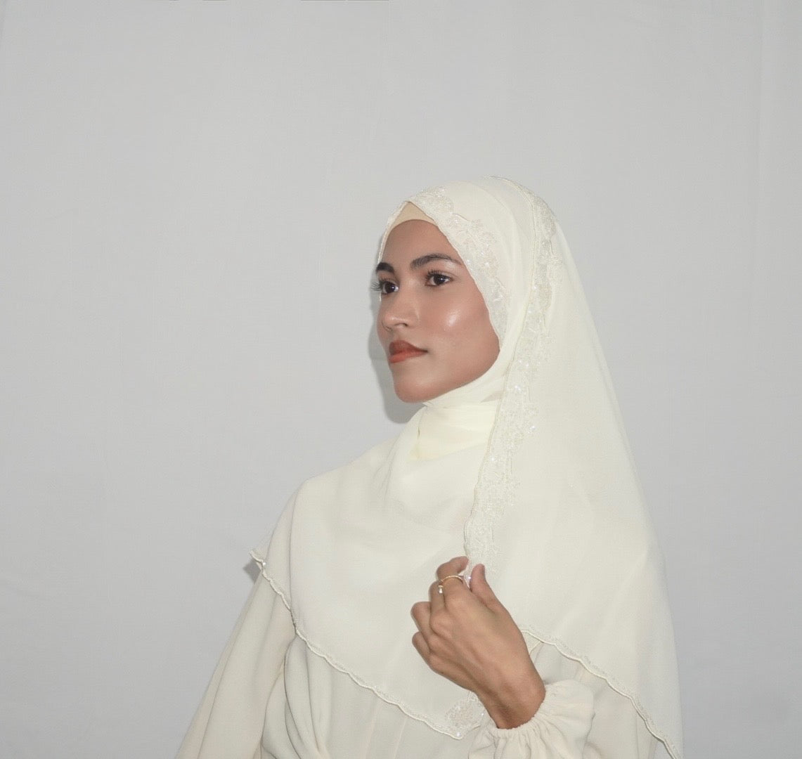 Premium Beaded Chiffon Hijabs Ivory