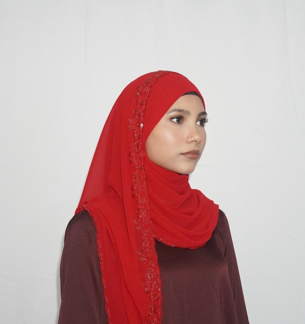 Premium Beaded Chiffon Hijabs Red