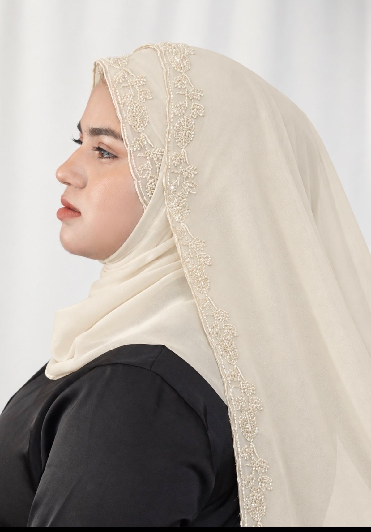 Premium Beaded Chiffon Hijabs Vanilla Cream