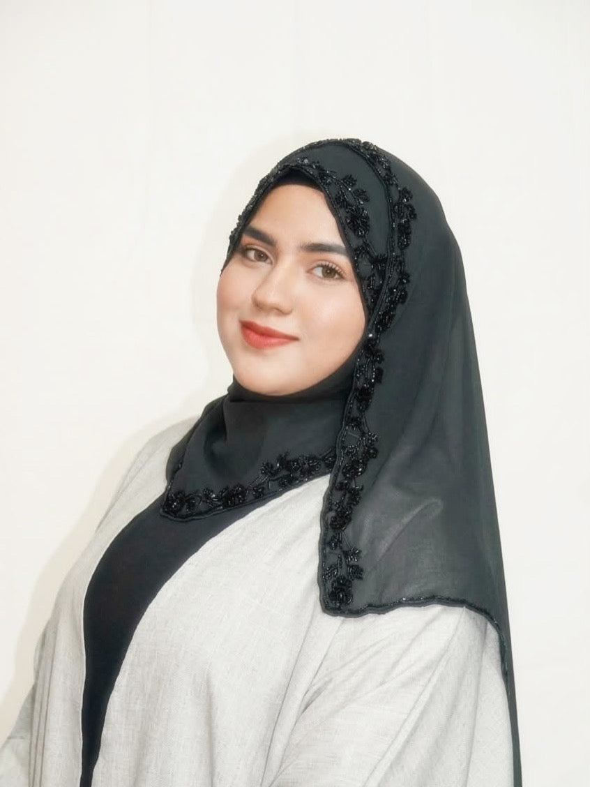 Premium Beaded Chiffon Hijabs Black