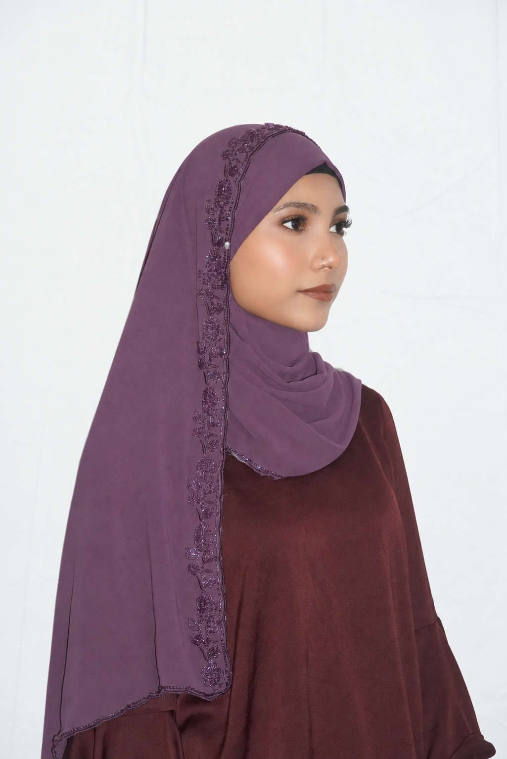 Premium Beaded Chiffon Hijabs Deep Purple