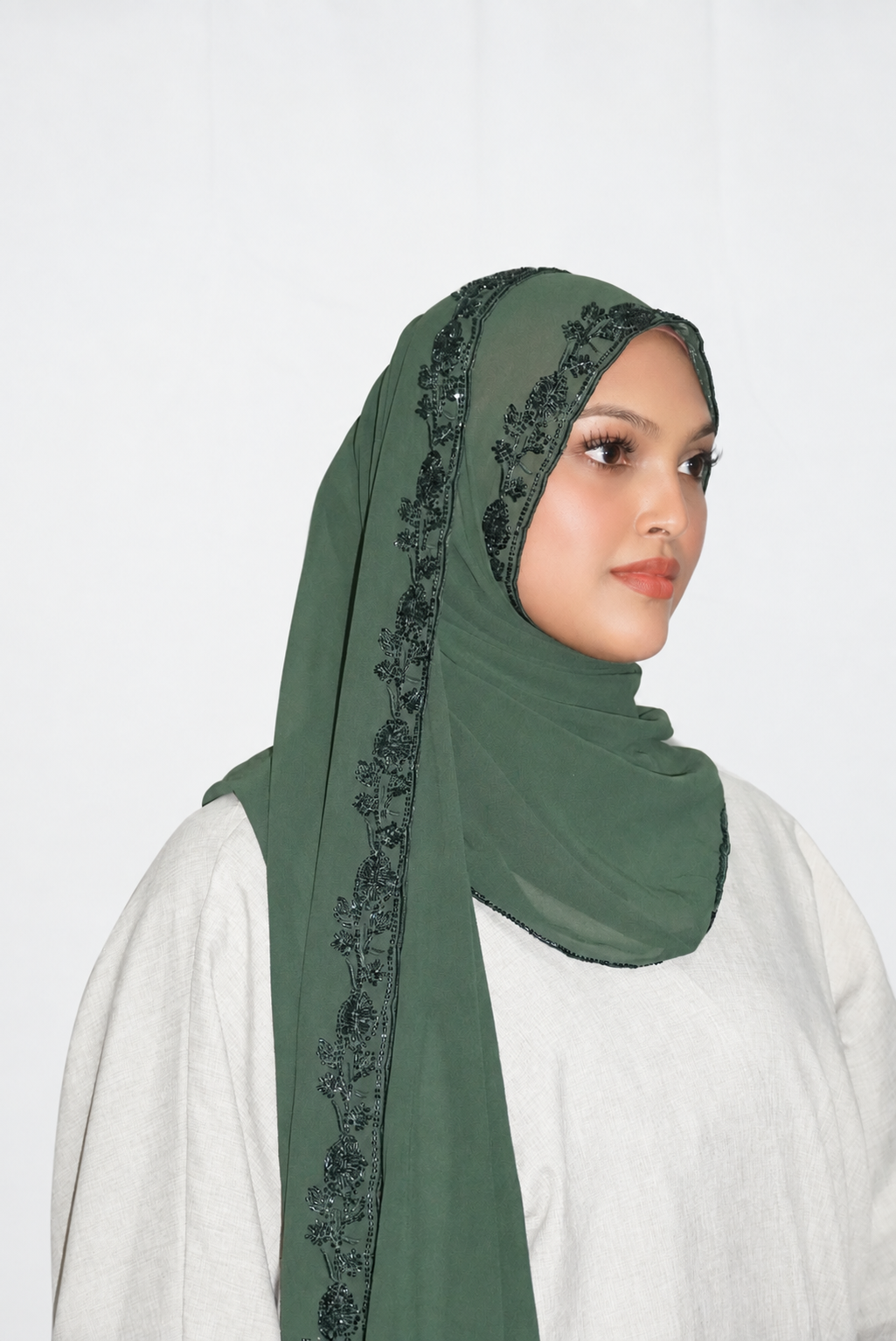 Premium Beaded Chiffon Hijabs Forest Green