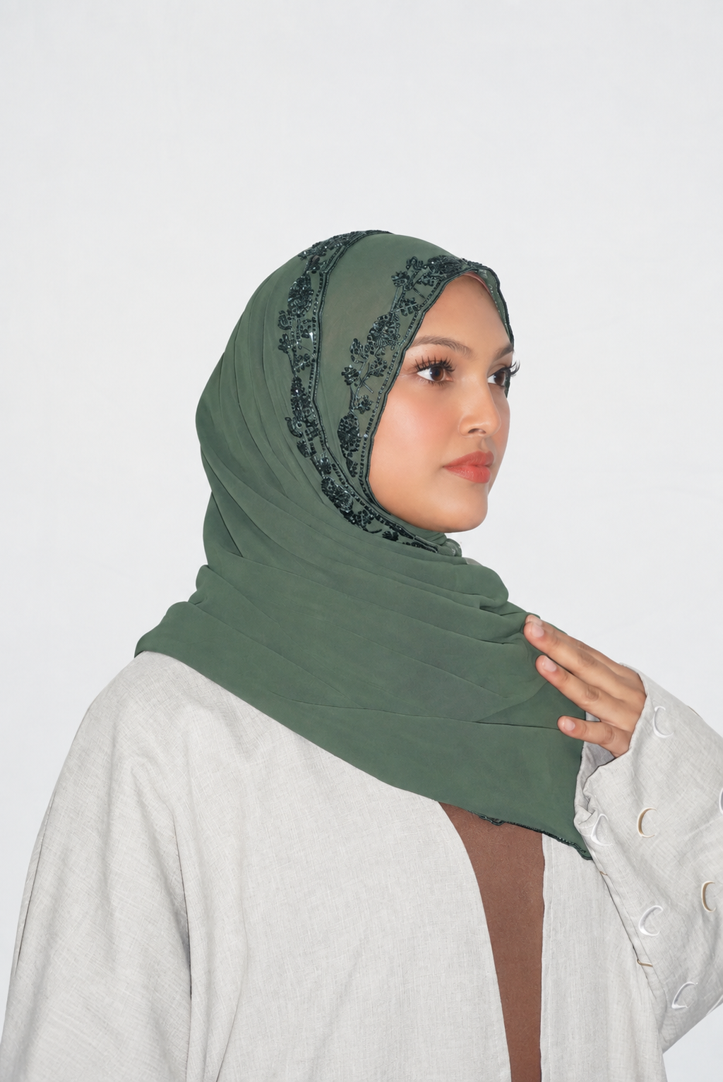 Premium Beaded Chiffon Hijabs Forest Green