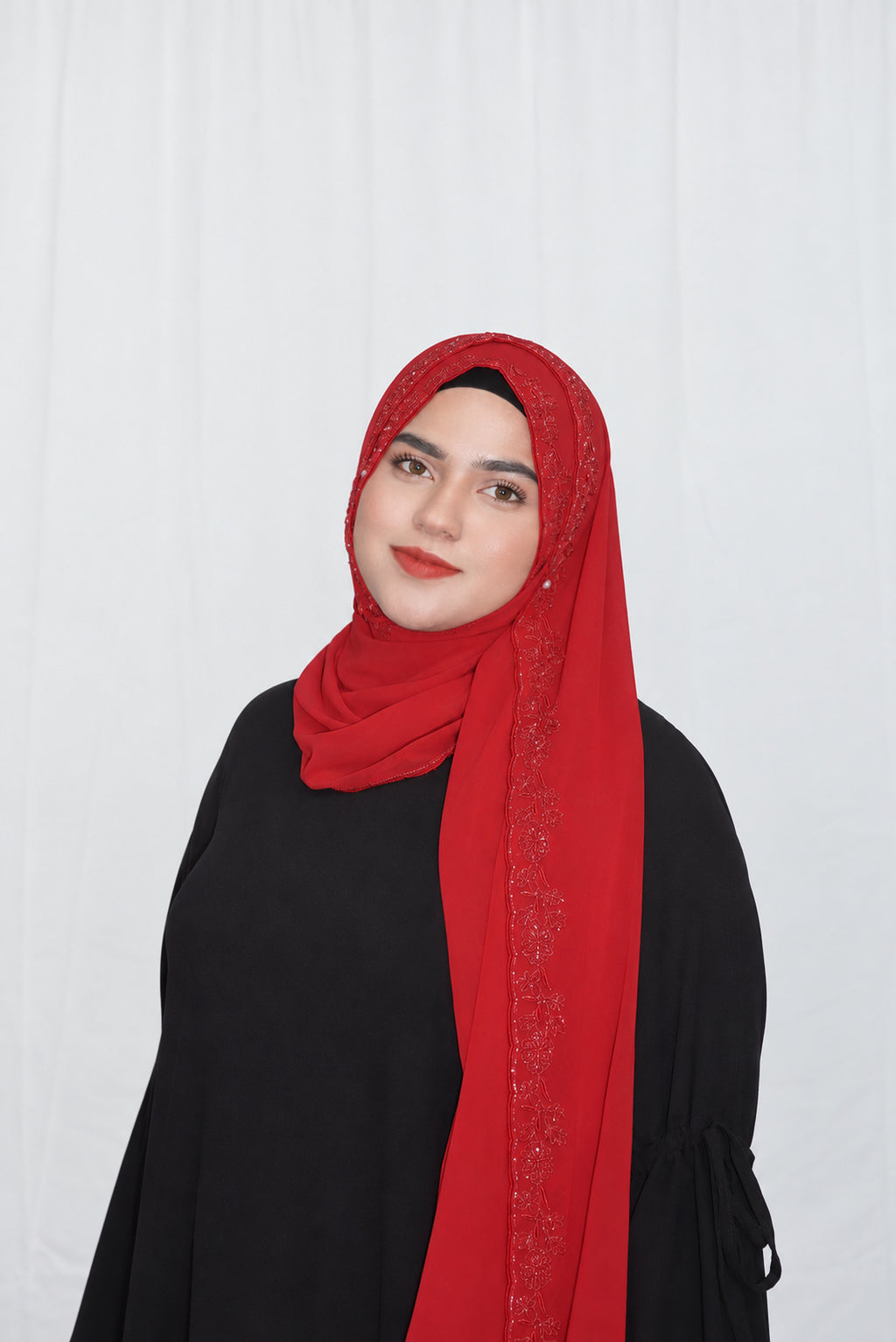 Premium Beaded Chiffon Hijabs Red