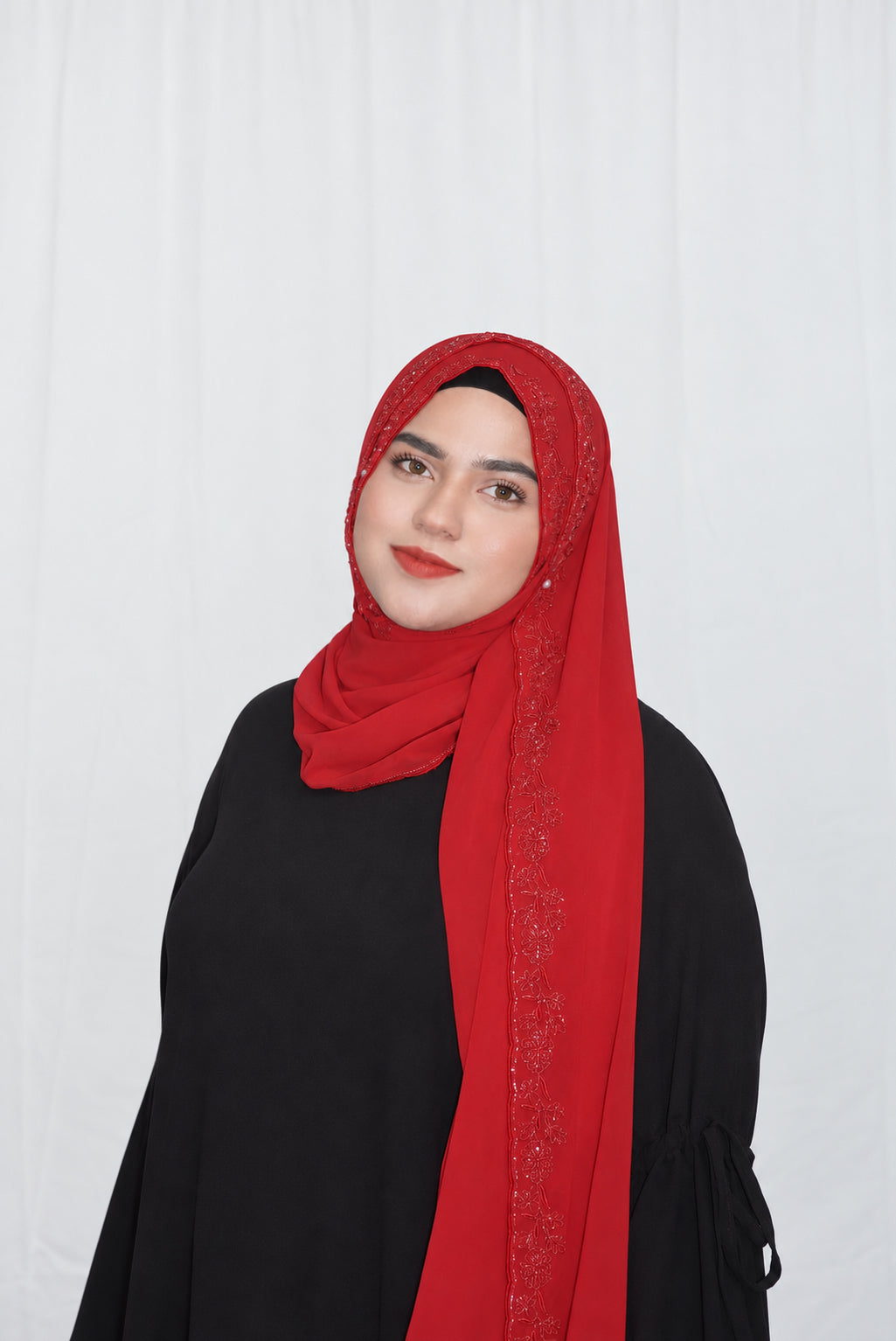 Premium Beaded Chiffon Hijabs Red