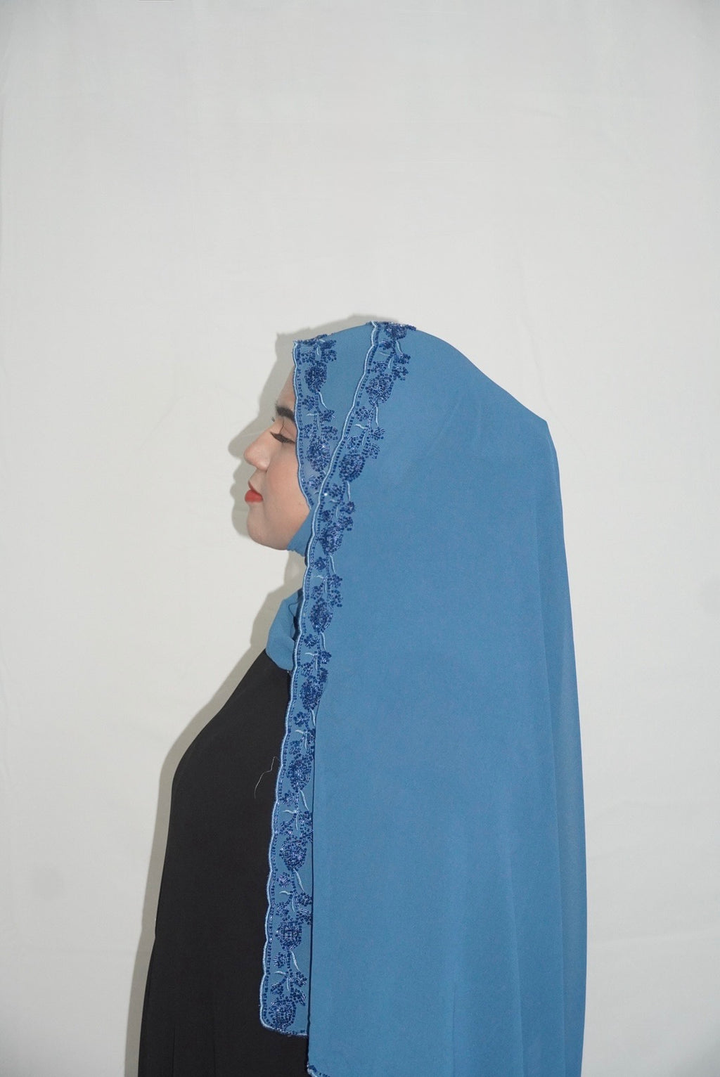 Premium Beaded Chiffon Hijabs Teal Blue