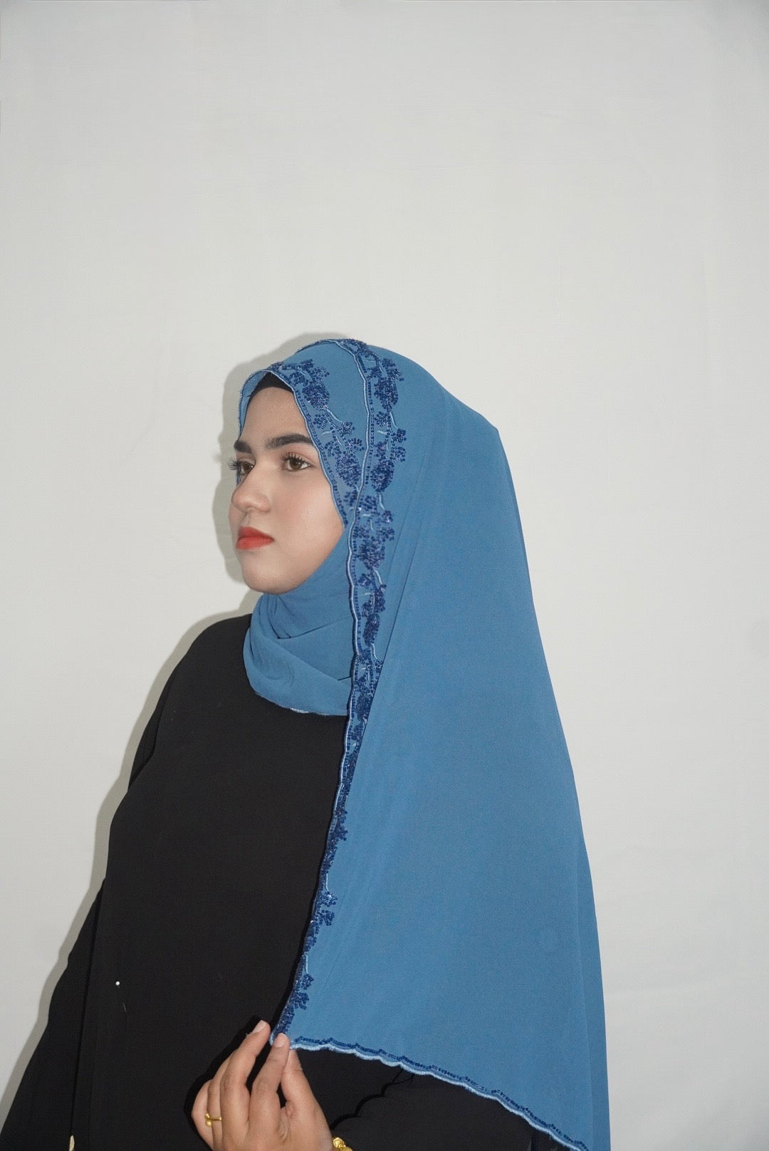 Premium Beaded Chiffon Hijabs Teal Blue