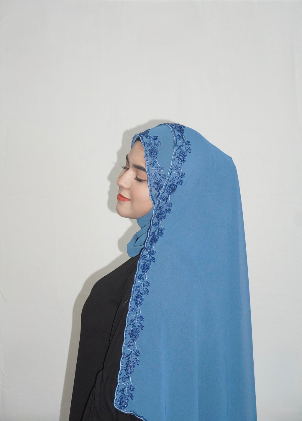 Premium Beaded Chiffon Hijabs Teal Blue
