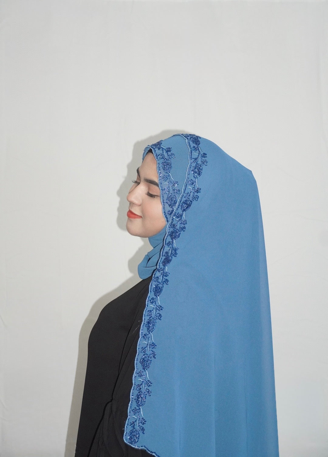 Premium Beaded Chiffon Hijabs Teal Blue